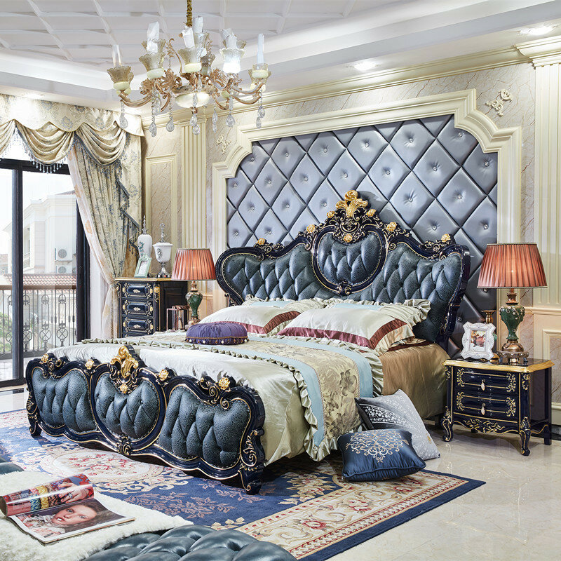 Grand lit double en cuir de style européen, 2 mètres, villa de luxe, bois massif sculpté, chambre à coucher, art, lit de mariage
