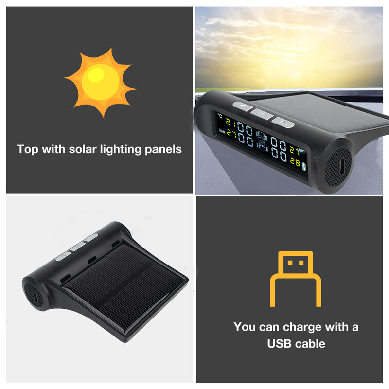 Sensor tpms solar sistema de monitoramento da pressão dos pneus com 4 sensores externos display lcd digital pneu kit diagnóstico acessório do carro