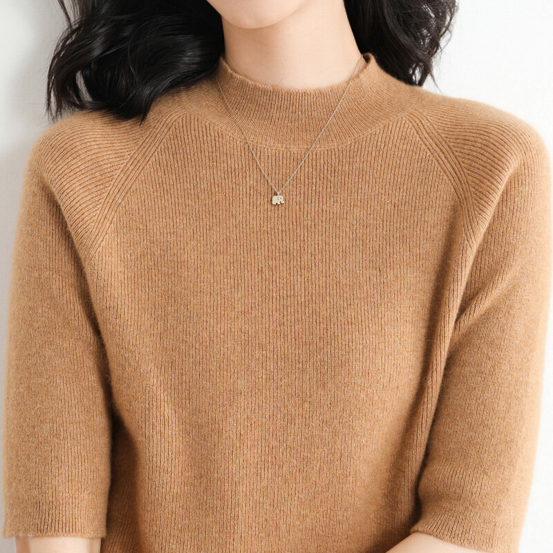 Camiseta sencilla para mujer, suéter de manga de cinco puntos, camisa de fondo, temperamento francés, moda, Cuello medio alto, cobertura de primavera y otoño