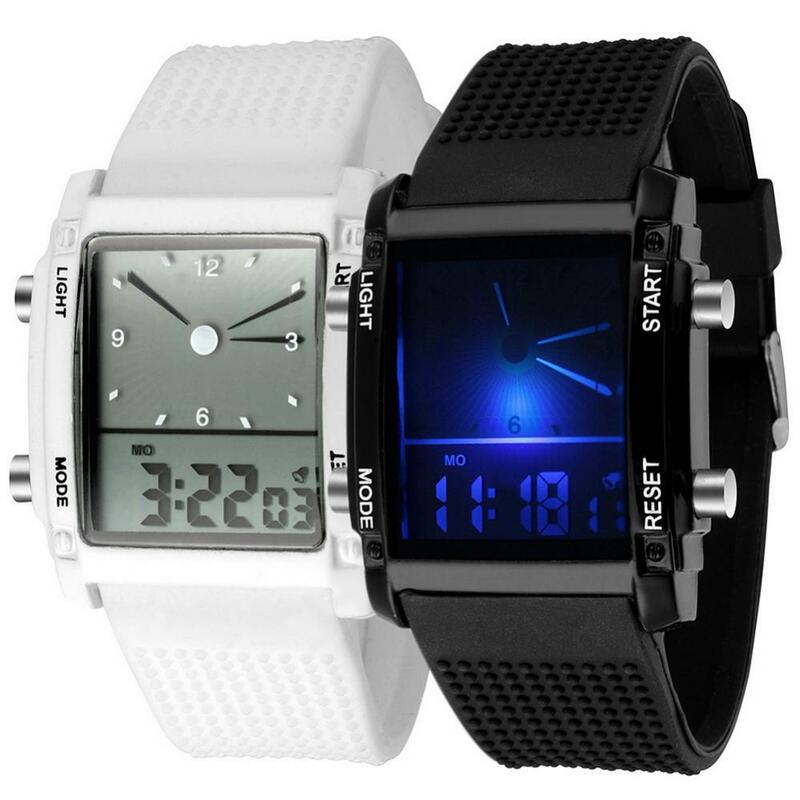 Лидер продаж Для мужчин квадратный циферблат с двумя часовыми поясами день Дисплей сигнализации Красочный светодиодный спортивные наручные часы