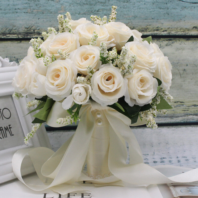 Ramo de novia para dama de honor, flor Artificial hecha a mano, flores de seda rosa, ramo de novia para decoración de boda