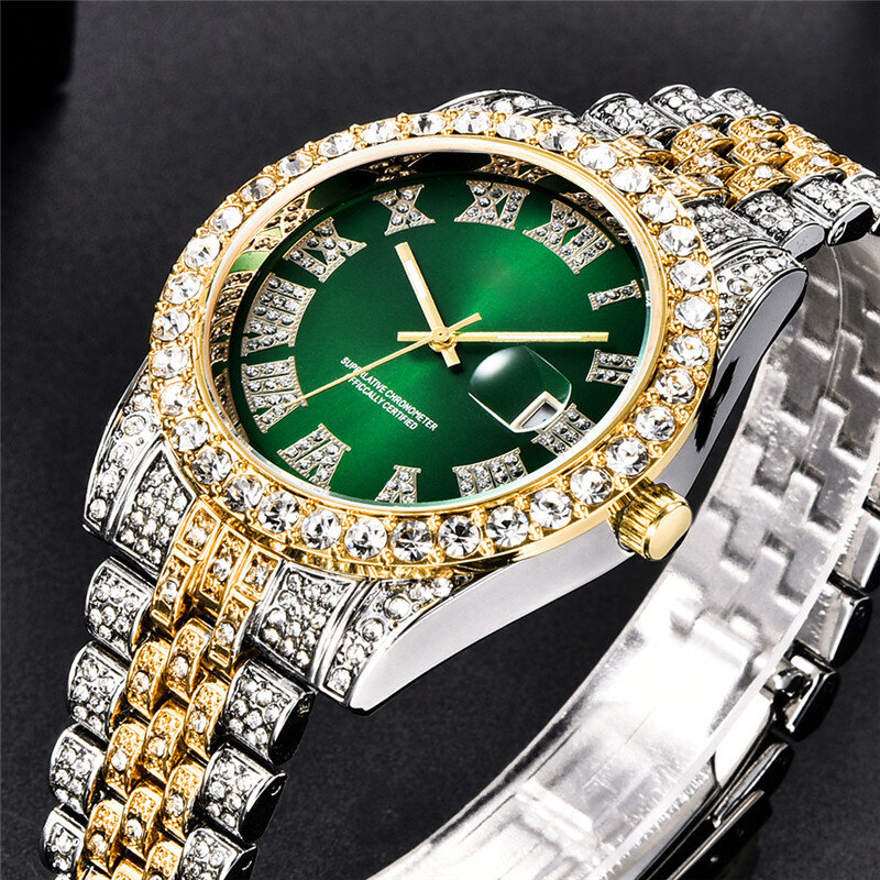 Relógio masculino de luxo congelado, relógio de pulso totalmente em strass de quartzo à prova d'água para casal, 2021