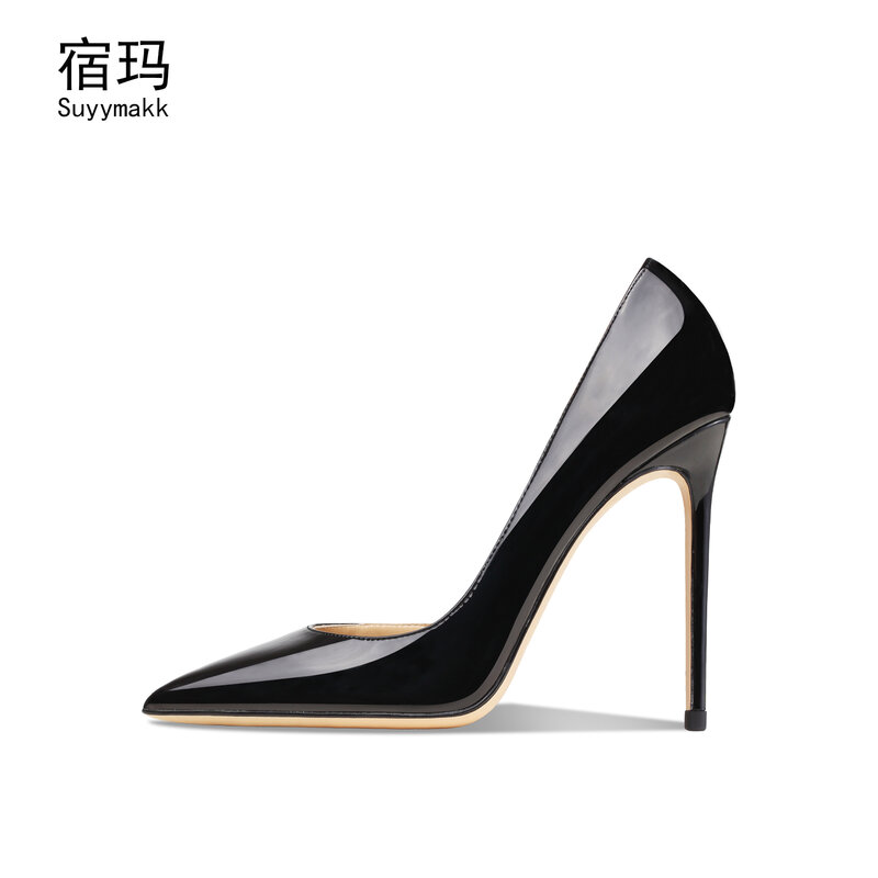Real Leather Brand Women Shoes Patent Leather High Heels Sexy Pointed Toe Thin Heel 8-10cm Classics Pumps Nude Black Dress Shoes