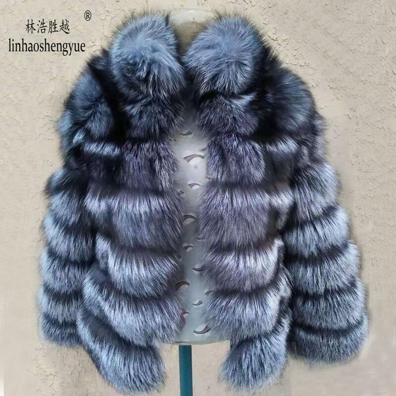 Linhaoshengyue Fashion  Women's Silver Fox Fur Coat Female Regular Section Horizontal Stripe Fox Fur Coat Female Stand Collar