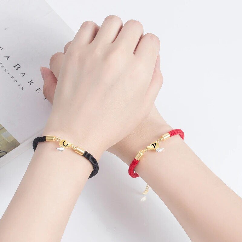 2pcs/set Personalized Letter A-Z Couple Bracelets for Women Men Heart Wing Charm Magnetic Clasps Lock Key Friendship Jewelry