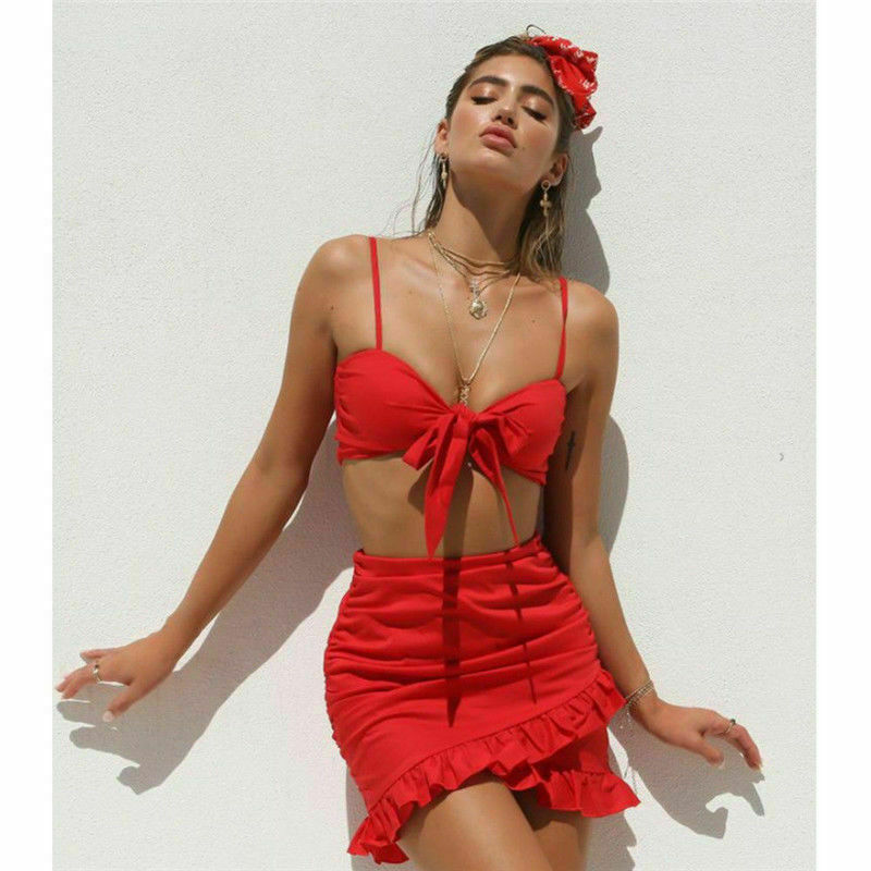 Hirigin-maillot de bain deux pièces rouge, soutien-gorge Push Up avec nœud, jupe à ourlet, à volants, ensemble pour femmes, vêtements de plage