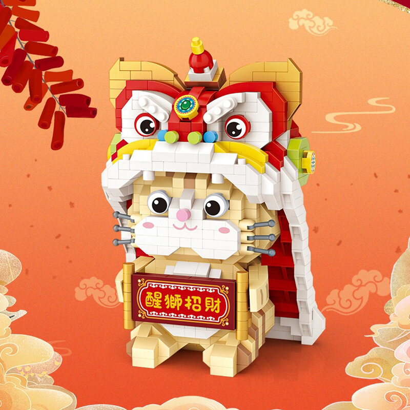 950Pcs Mini Bouwsteen Leeuw Dans Lucky Cat Model Baksteen Blok Chinese Traditionele Cultuur Lente Festival Activiteit Speelgoed Gift