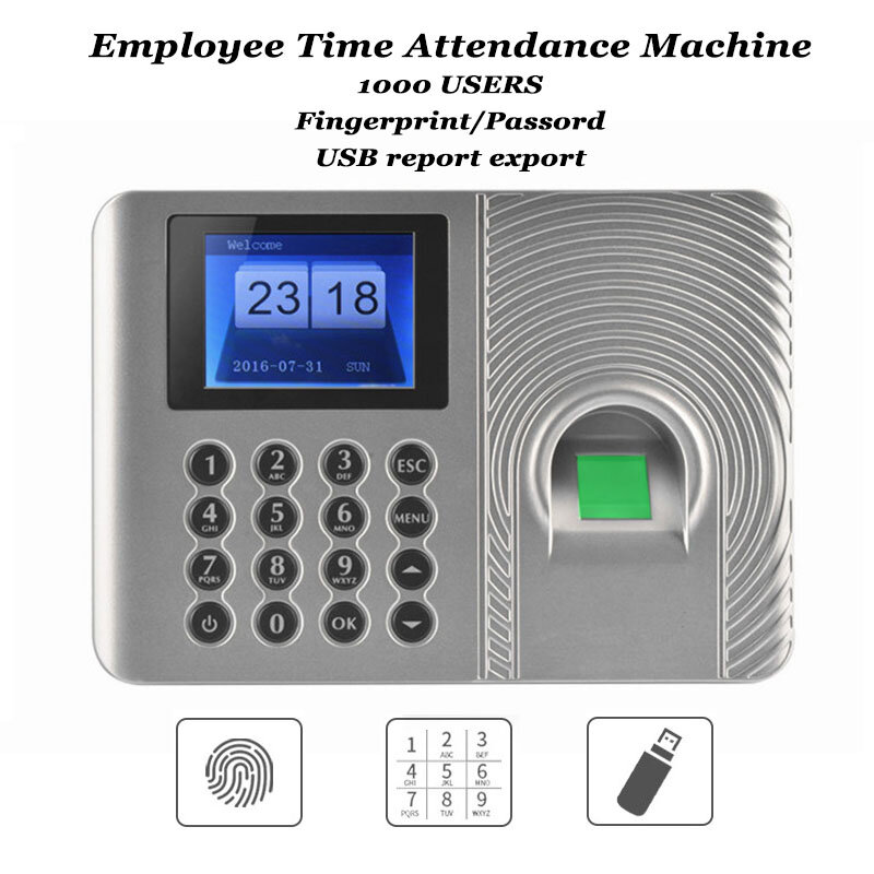 Máquina biométrica de reconocimiento de huella dactilar, dispositivo de asistencia de tiempo para oficina, 1000 usuarios, disco USB, Excel, exportación, Empolyee