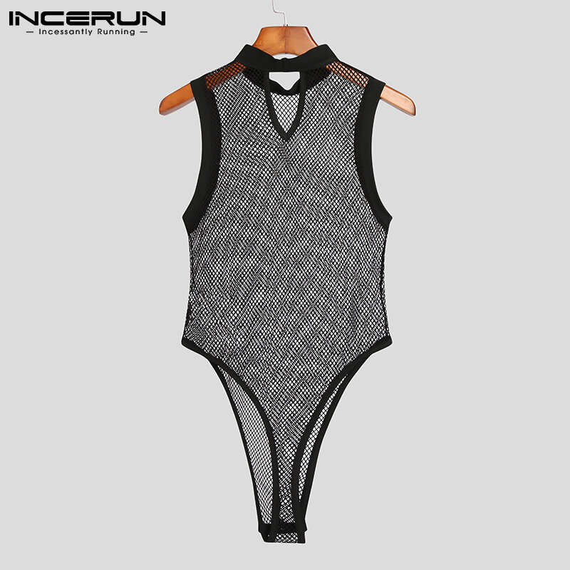INCERUN Men's Fashion Sleeveless Bib Pants Breathable Mesh Sexy Leisure Bodysuits Comfortable Homewear Triangle Jumpsuit S-5XL 7