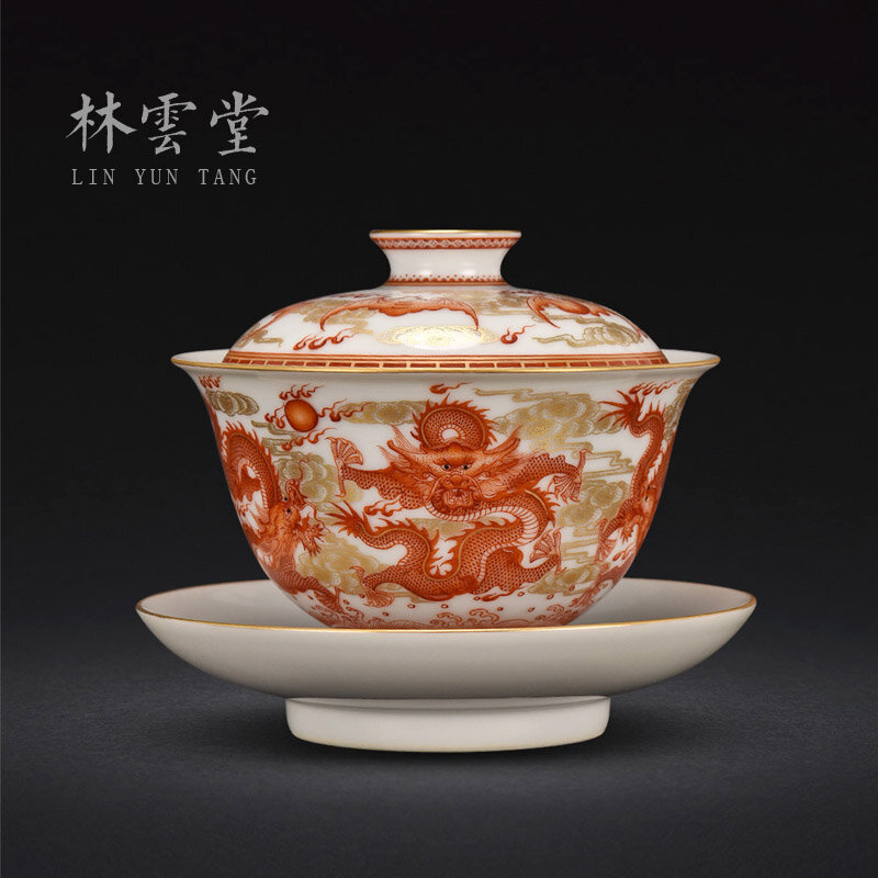 Jingdezhen – grand bol à thé fait à la main, poterie alum rouge peint or cinq dragon couverture, haut de gamme, personnalisation privée
