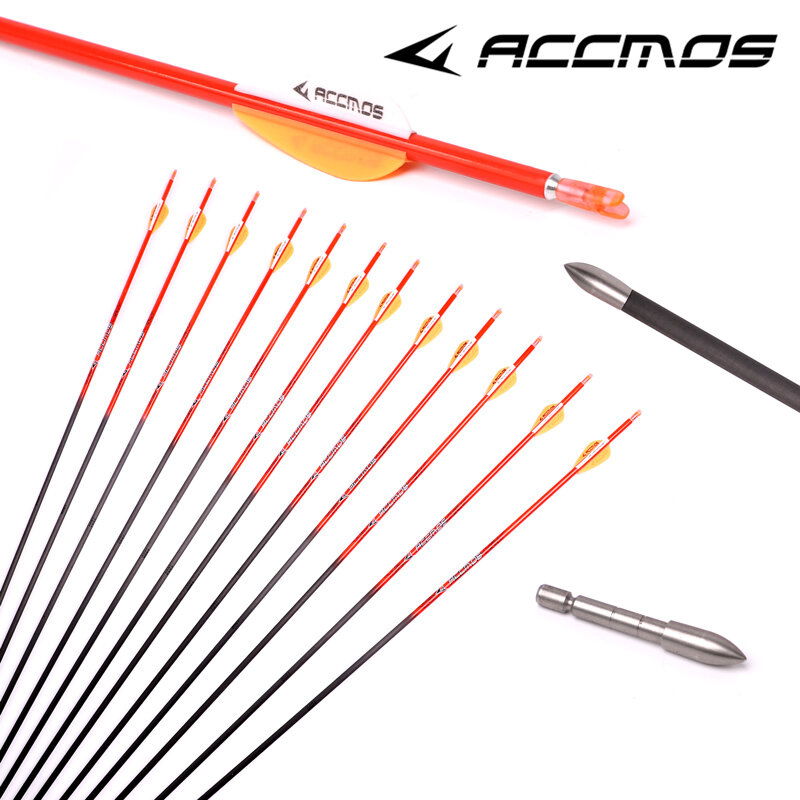 ACCMOS-Flecha de carbono puro para tiro con arco, columna vertebral 400, 500, 600, 700, 800, 900 ID, 1000mm, naranja/amarillo para tiro con arco compuesto/recubierto