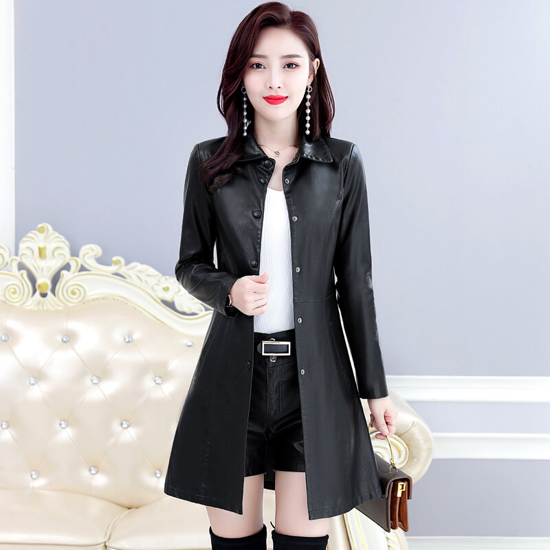 Jaket Kulit Panjang Wanita Mode Musim Semi Baru Mantel Kulit Domba Warna Polos Ramping Wanita Pakaian Luar Kasual Musim Dingin Merek Korea