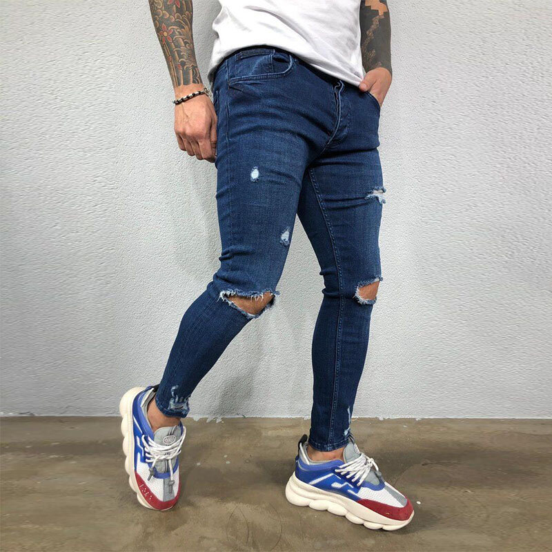 Jeans Pria Celana Denim Skinny Stretch Robek Lubang Lutut Celana Panjang Slim Fit Gaya Hip-Hop Musim Gugur Biru Hitam Solid S-4XL