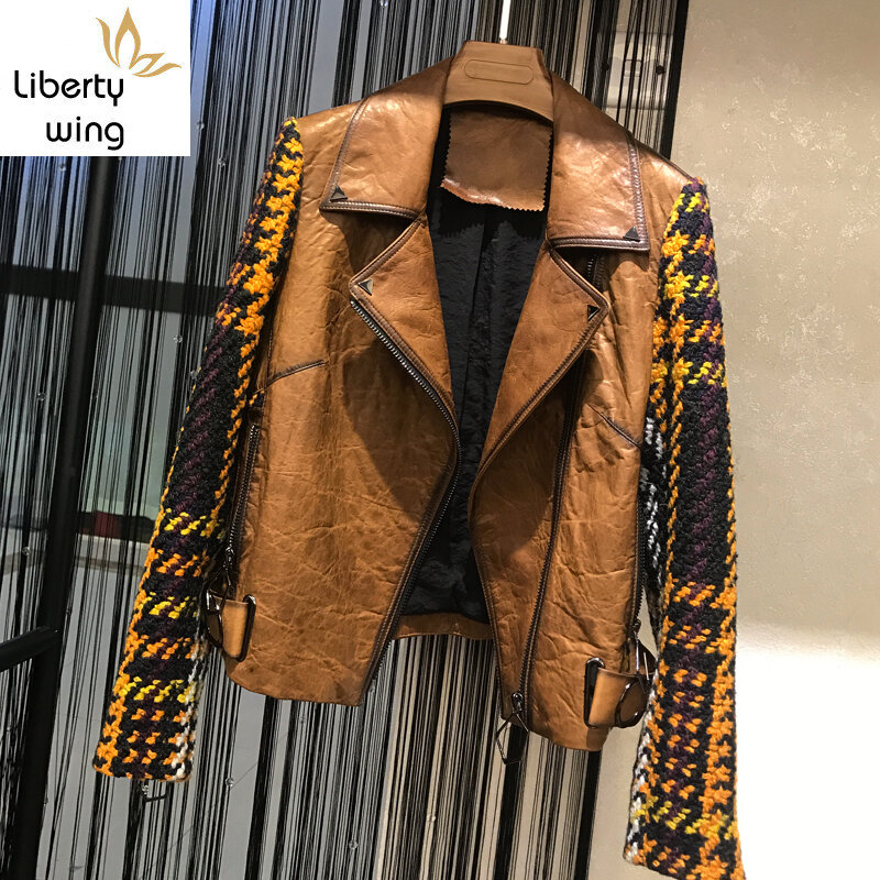 Top Fashion Brand Real spliced Jacket Women Sheepskin Coats Genuine Leather Motor Biker Jackets Zipper Overcoats
