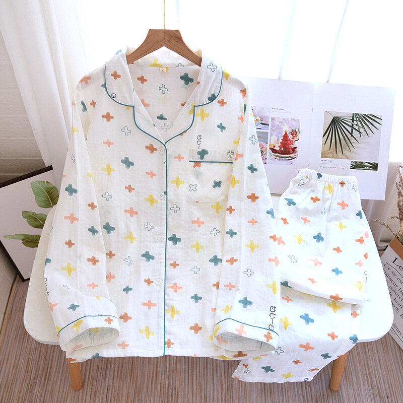 Algodão gaze homewear conjunto de manga longa topo e calças compridas pijamas conjunto 2021 outono japonês macio simples impresso casual conjunto pijama