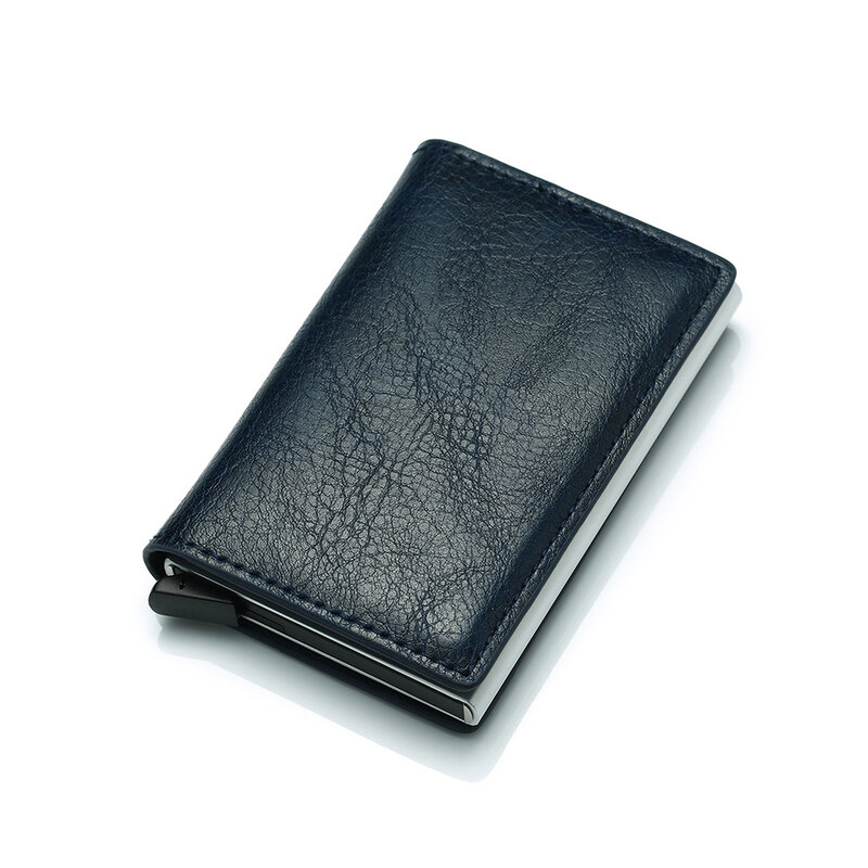 Tarjetero de negocios para hombre y mujer, billetera inteligente delgada de cuero de Caballo Loco, con caja de aluminio RFID