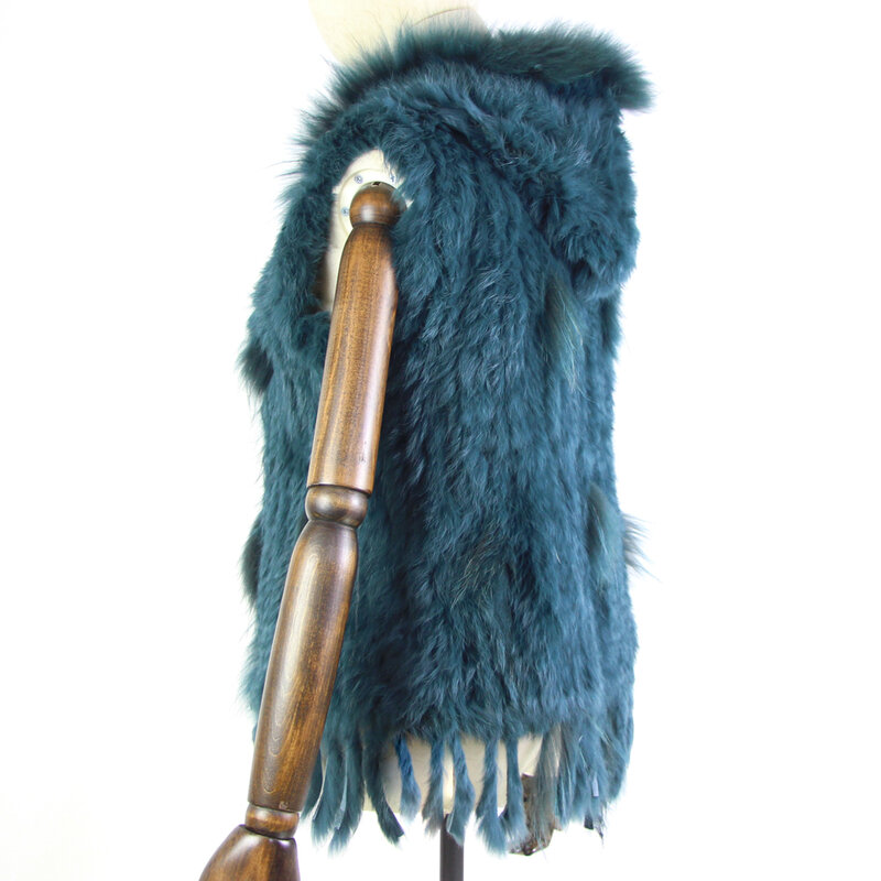 Harppihop-Rabbit Fur Vest com capuz, Guaxinim Fur Trimming, Colete de malha, Gilet elegante