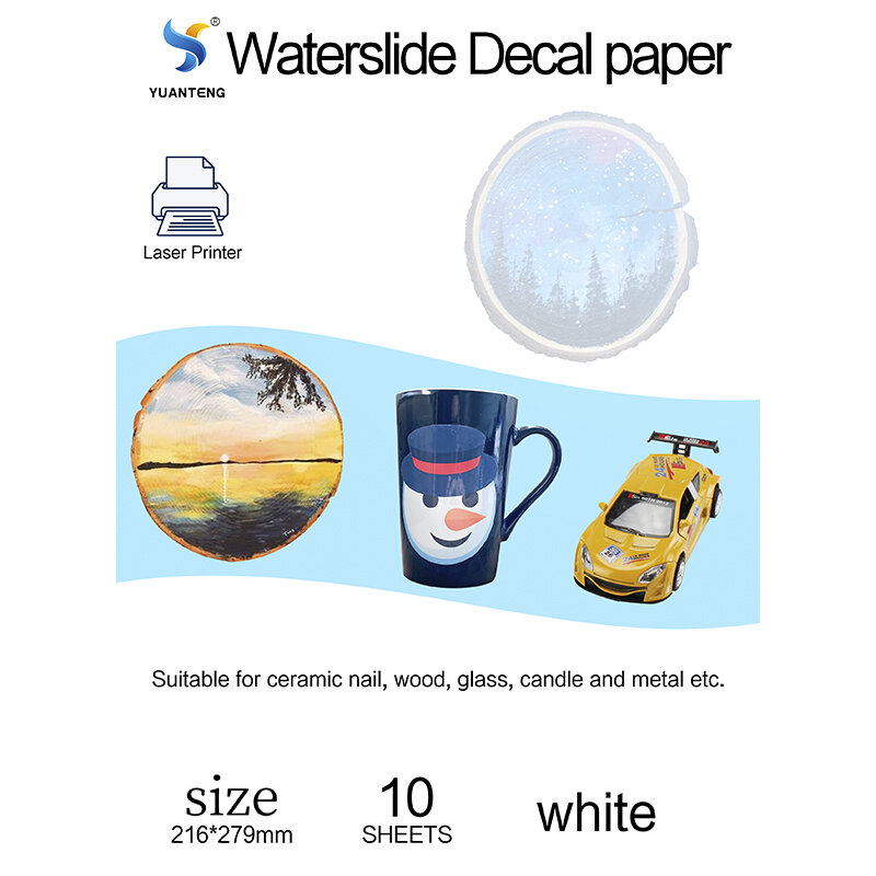 Papel para calcomanías de agua para impresora láser, 10 hojas de papel de transferencia de deslizamiento de agua para vasos, tamaño de las letras