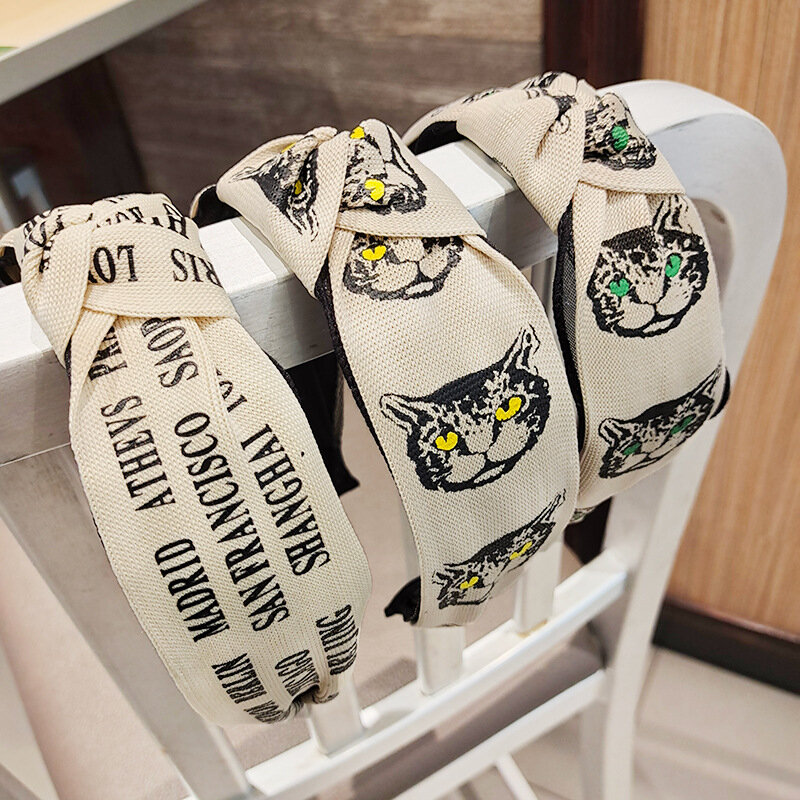 Accesorios coreanos para el cabello con letras y cabeza de gato, cinta de malla de encaje, hilo anudado medio, Diadema con lazo lateral ancho para mujer