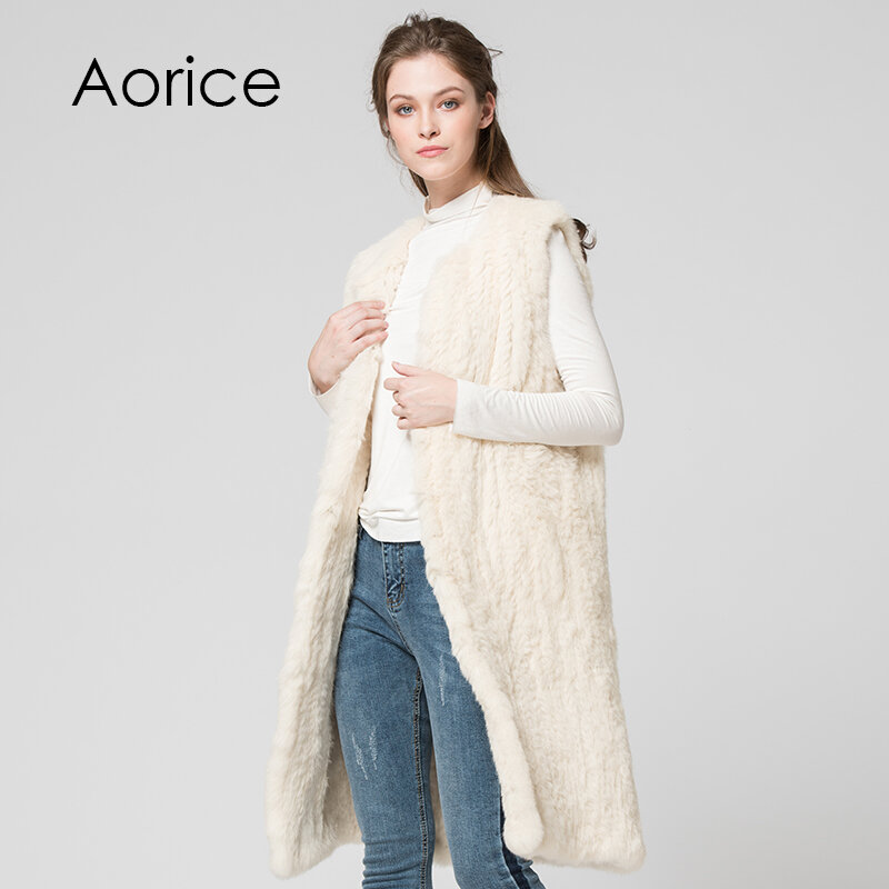 VT7036 Women Genuine Natural Real Rabbit Fur Knitted Vests /Waistcoat/ Gilet /coats Brand New Long Style Coat Jacket