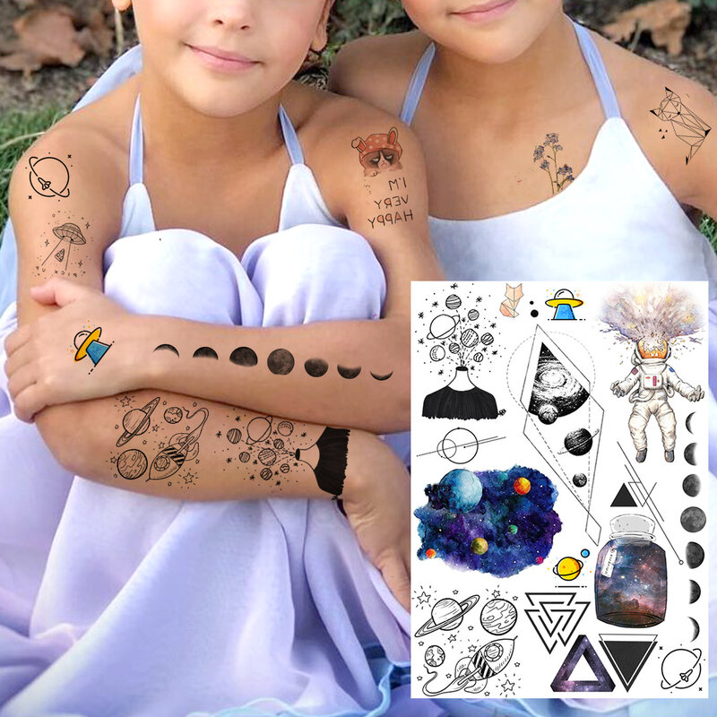 Модные временные татуировки в космосе для женщин, дочери, детей, татуировки для боди-арта, искусственные красочные астронавты, планеты, тату, наклейка, инструменты для макияжа