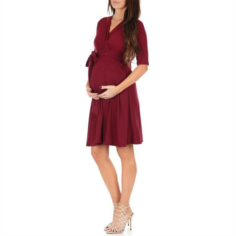 Sommer Frauen Mütter Schwangerschaft Pflege Kleid Mutterschaft Kleidung Casual Einfache Trend Stil Einfarbig V Ansatz Halbe Hülse Midi Desses
