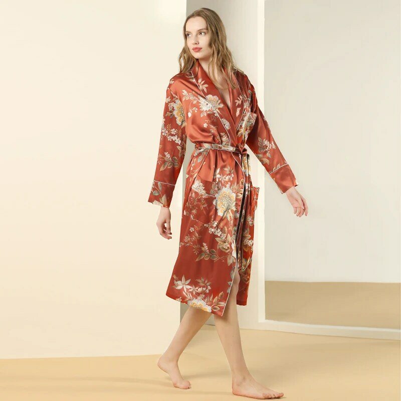 100% seda senhora robe vestido estampado estilo chinês com decote em v roupão de banho longo luxuoso nupcial casamento vestido de manhã solto pijamas