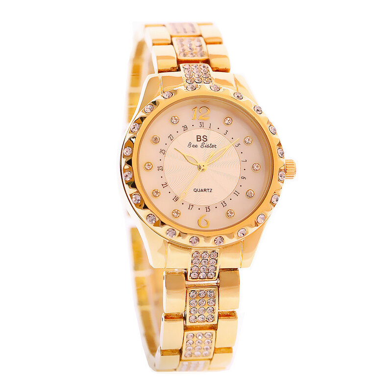Bs novo relógio de pulso de cristal feminino, relógio inteiramente com diamantes para mulheres pulseira de quartzo 152935