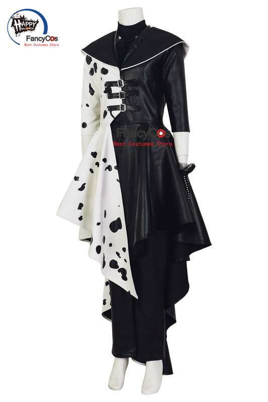 2021 Cruella Kostum Cosplay Gaun Pembantu Dewasa Anak-anak Cruella De Vil Gaun Hitam Putih Polkadot Dibuat Sesuai Pesanan