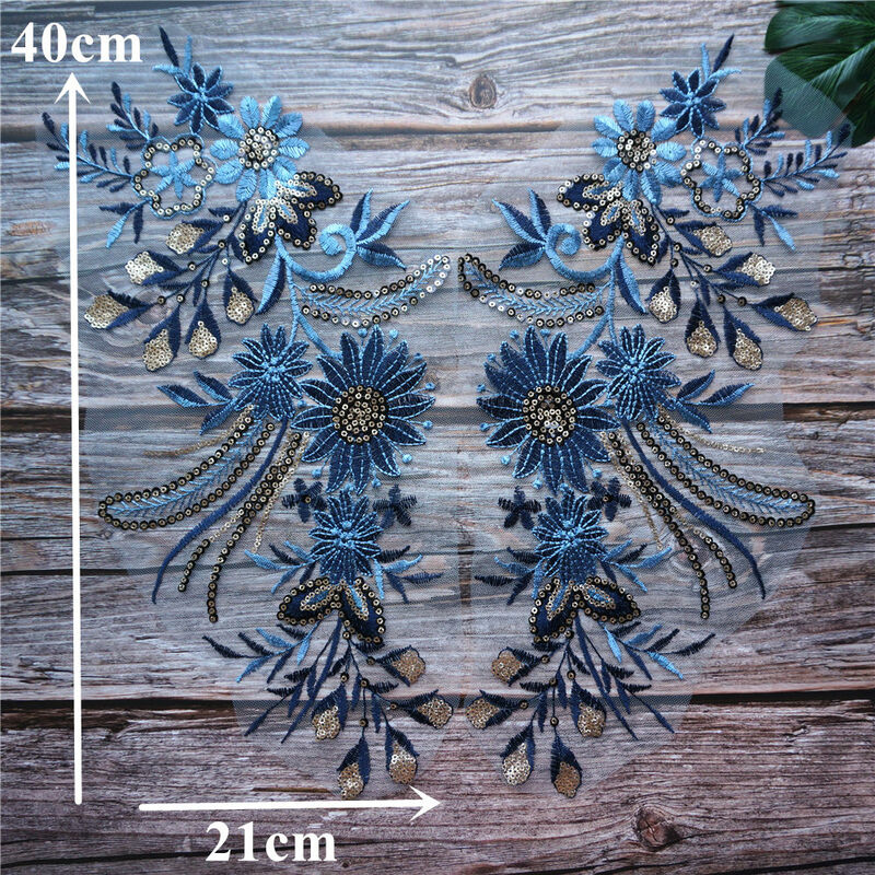 2 Set 4PCS Blue Sequin Flower Lace Fabric Embroidered Gown Appliques Collar High-quality Luxury Mesh Sew Patches for Dresses