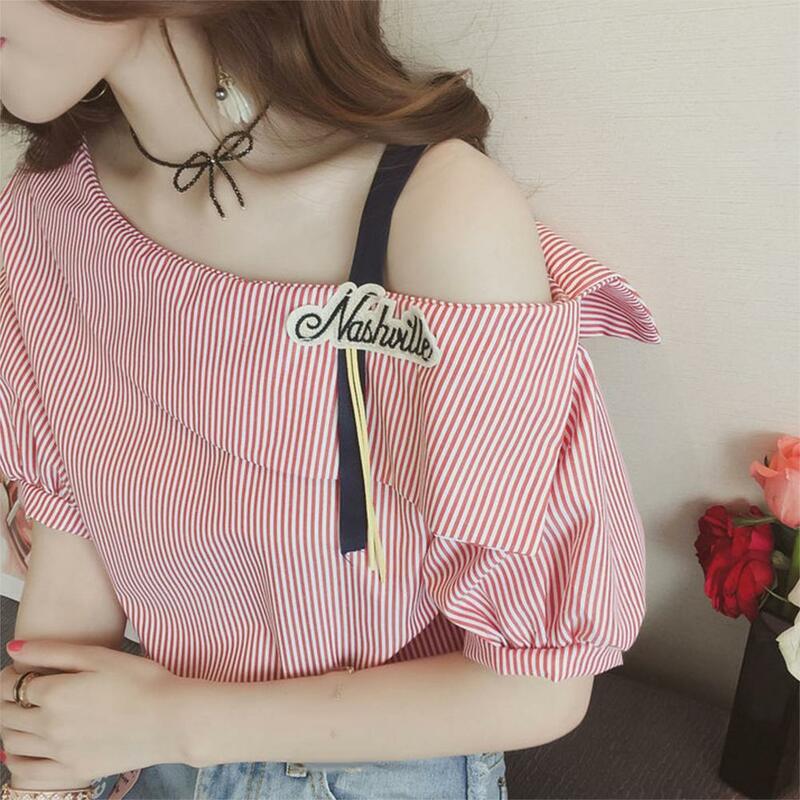 Sommer Frau t-shirts Cusual Striped Tees Tops Frauen Halbe Hülse Ein Schulter Crop Top T-shirt femme t-shirts mujer camisetas