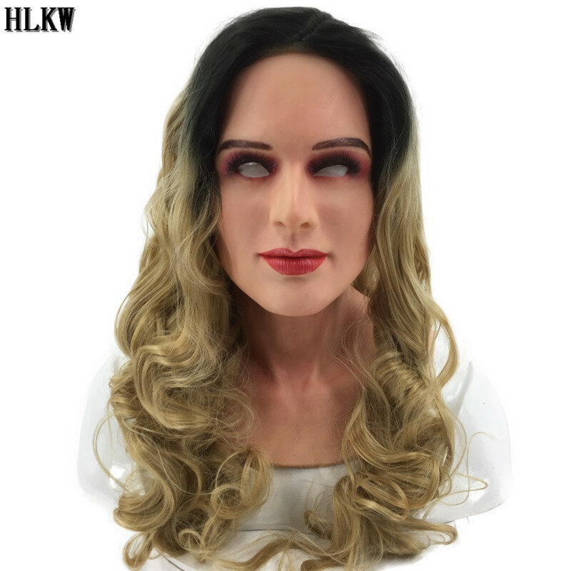 Mascarilla facial femenina de silicona para mujer máscara de muñeca de mujer con Peluca de pelo negro y amarillo