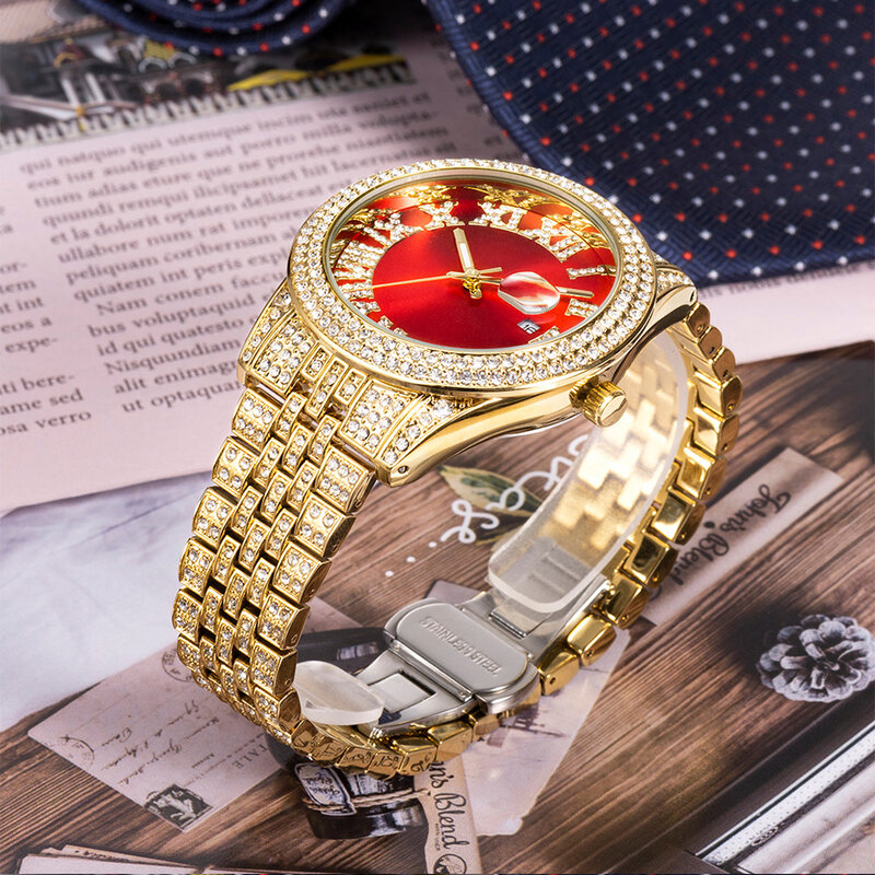 Luxury นาฬิกาผู้ชาย Hip Hop สร้อยข้อมือ Cuban Chain Iced Out นาฬิกาผู้ชายเพชร Mens นาฬิกาผู้ชายกันน้ำ Montre homme