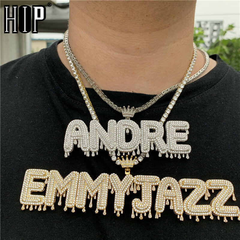 Hip Hop personnalisé nom cubique Zircon couronne goutte à goutte lettres à bulles glacées chaîne pendentifs et colliers pour hommes bijoux chaîne de Tennis cubaine