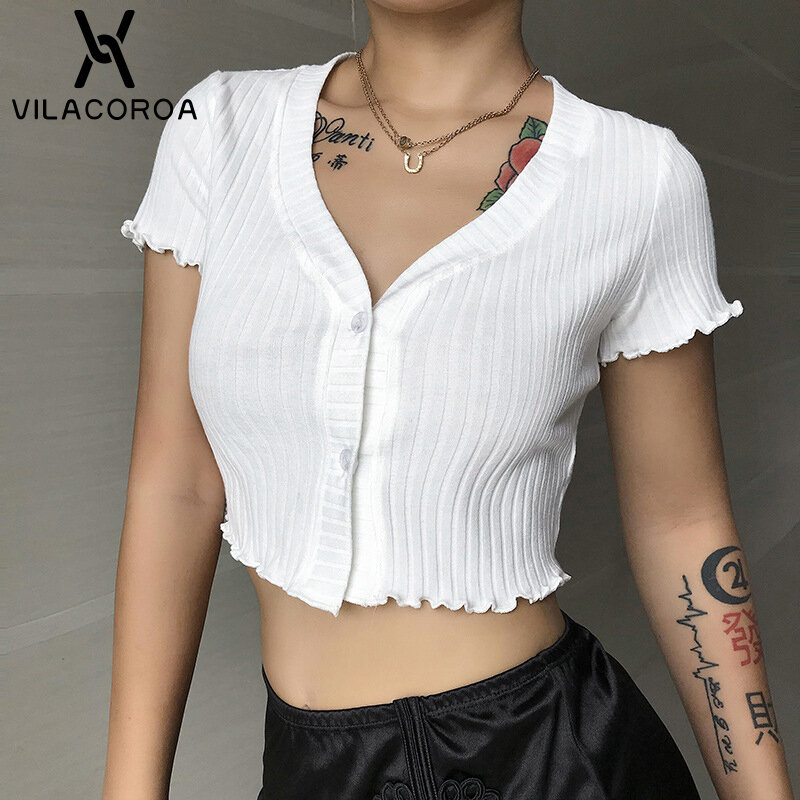 White V-neck Stripe Sexy Women Cropped Button Short T-shirt Tops Women's Summer Short Sleeved Single Breasted Ladies Tshirt
