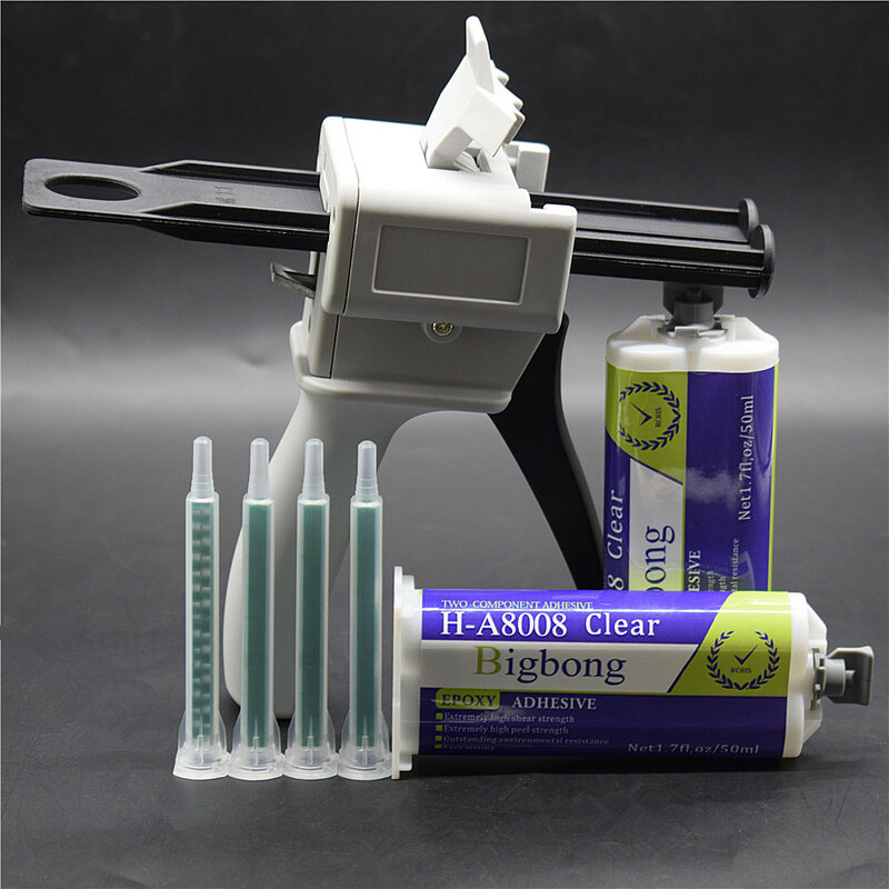 Transparente Epoxy Adesivos Glue Gun, 1:1 pistola de calafetagem manual, Bocal de mistura estática AB Glue Gun, 2pcs, 50ml, 4pcs