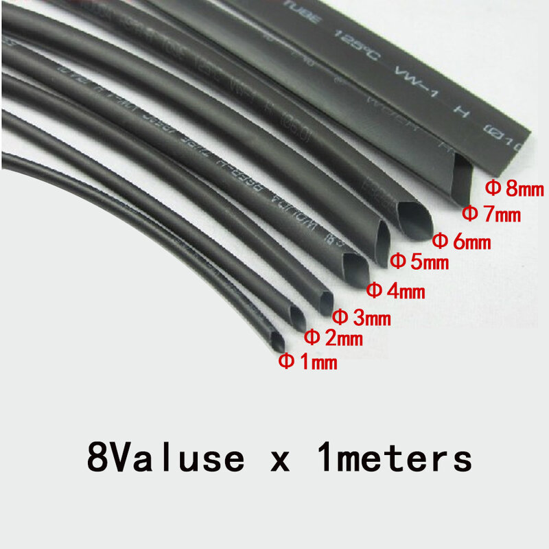 Kit de tubes thermorétractables noirs, gaine thermorétractable, kit de fil de connecteur rond bricolage, 1mm, 2mm, 3mm, 4mm, 5mm, 6mm, 8mm, 10mm, 2:1, 8 mètres/ensemble