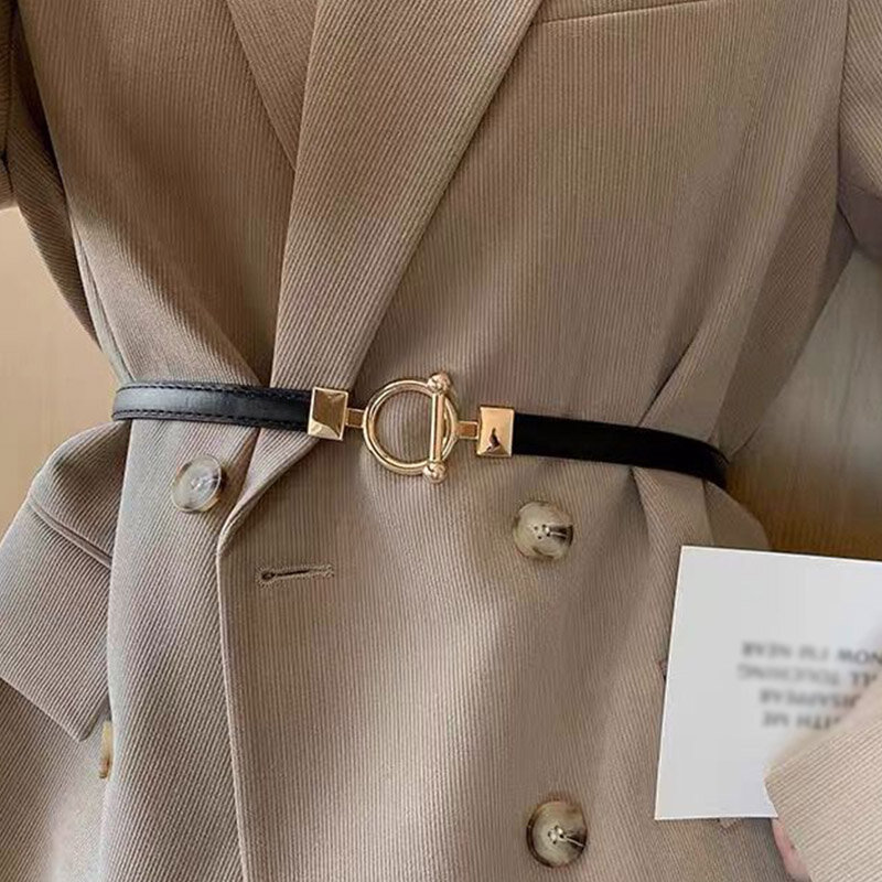 Cinto de couro feminino fino com metal simples gancho fivela, cintura ajustável cinta para calças, marca designer, decoração cós