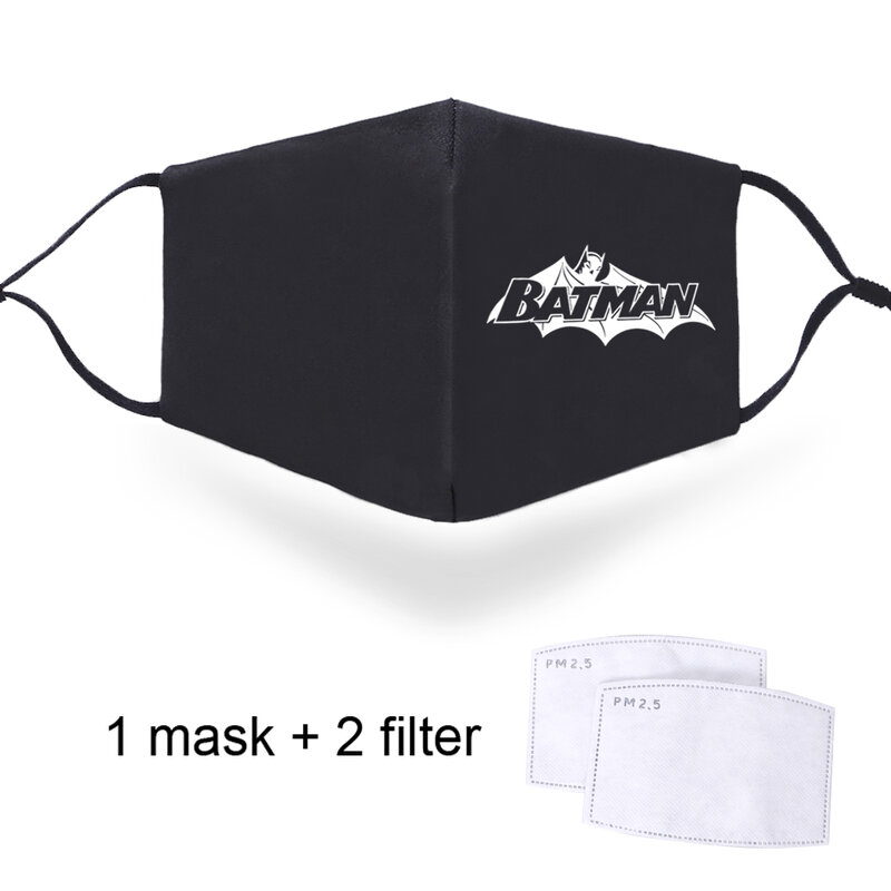 Batman Print PM2.5 Soft Mask Mouth Muffle with 2 Filters Mens Washable Breathable Male Anti Haze Dust-proof Face Ruseable Masks