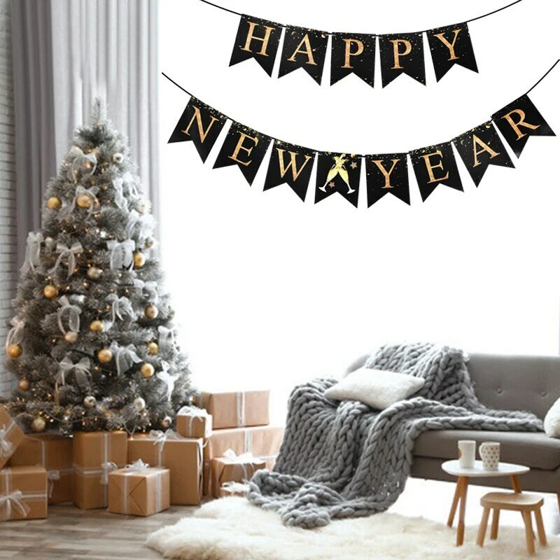JQSYRISE 1Set nero felice anno nuovo Banner capodanno decorazione 2021 capodanno festa zigolo ghirlanda forniture natalizie per la casa