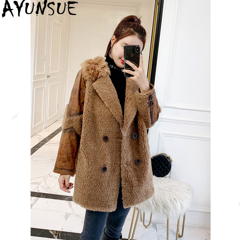 AYUNSUE-진짜 양모 모피 코트, 겨울 코트, 여성 의류, 2020 진짜 울 코트, 여성 스웨이드 가죽 자켓, Manteau 팜므