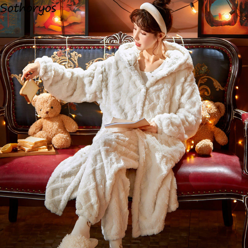 ฤดูหนาวหนา Hooded Flannel Pajama ชุดผู้หญิงหลวม Tender Warm ชุดนอน Plus กำมะหยี่เสื้อคลุมอาบน้ำกางเกงชุด Homewear