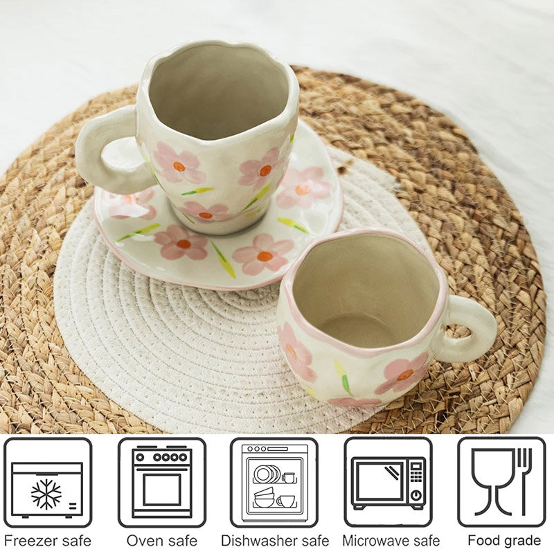 Taza de café de cerámica con flores pintadas a mano, taza con platillo para el desayuno, leche, zumo, té, regalo, apta para microondas