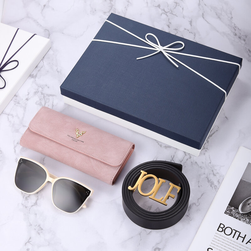 Zciti personalizado 3 peças conjunto de presente de couro combinado com caixa artesanal-(carteiras, cinto, óculos)-carteira e presentes definir caixa de presentes