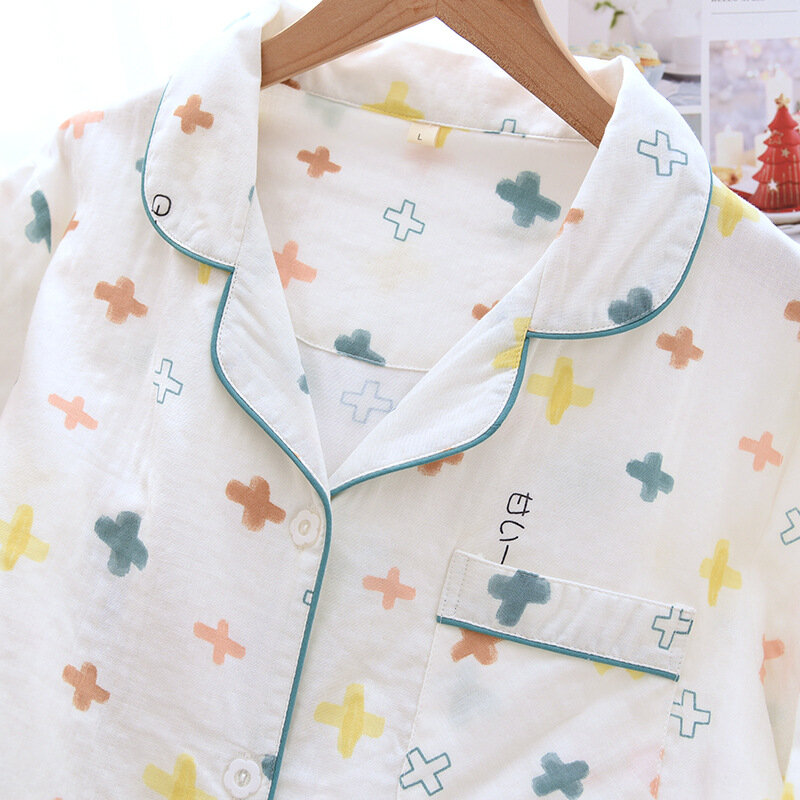 ผ้าตาข่ายผ้าฝ้าย Homewear ชุดเสื้อแขนยาวและกางเกงชุด2021ฤดูใบไม้ร่วงนุ่มแบบญี่ปุ่นที่เรียบง่ายพิมพ์ชุดลำลองชุดนอน Pajama