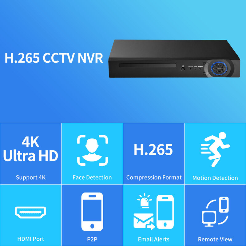H.265 CCTV9ch 16ch nvr for 8mp 4k Ultra hd IPカメラは、顔検出セキュリティ保護ビデオ監視をサポートします