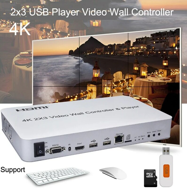 Controlador de pared de vídeo 4K 2x3 HDMI con reproductor KVM, ratón USB, teclado RS232, soporte Wifi y conexión DLAN