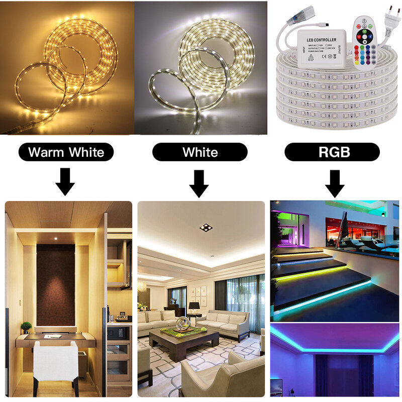 Wodoodporna taśma LED EU 220V 240V dekoracja zewnętrzna RGB/biały/ciepły biały SMD 5050 60 leds/m elastyczna taśma lampa ledowa