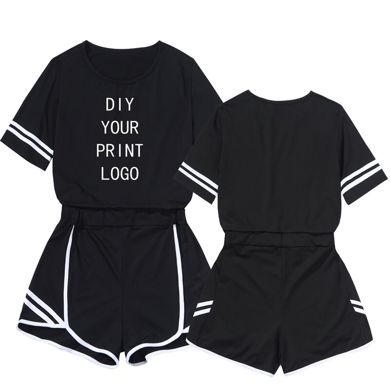 Customized Two Piece Set Women Custom Clothes Black Short Sleeves Suit Sets DIY Logo Ladies Tops T Shirt  and Shorts 2 Piece Set