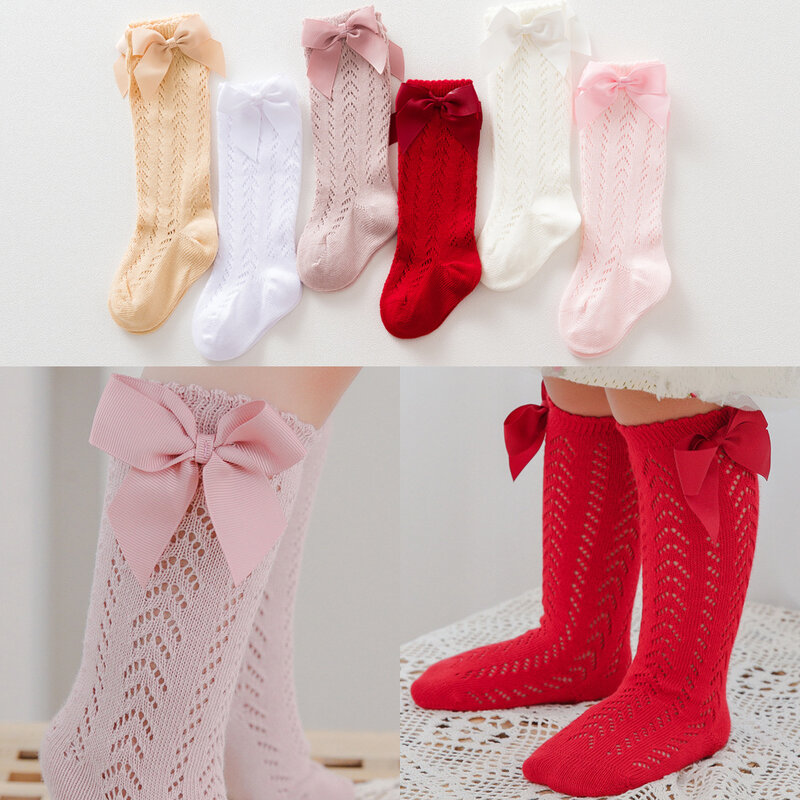 От 0 до 3 лет летние детские носки с бантом, длинные хлопковые носки до колена для маленьких девочек, сетчатые детские носки принцессы